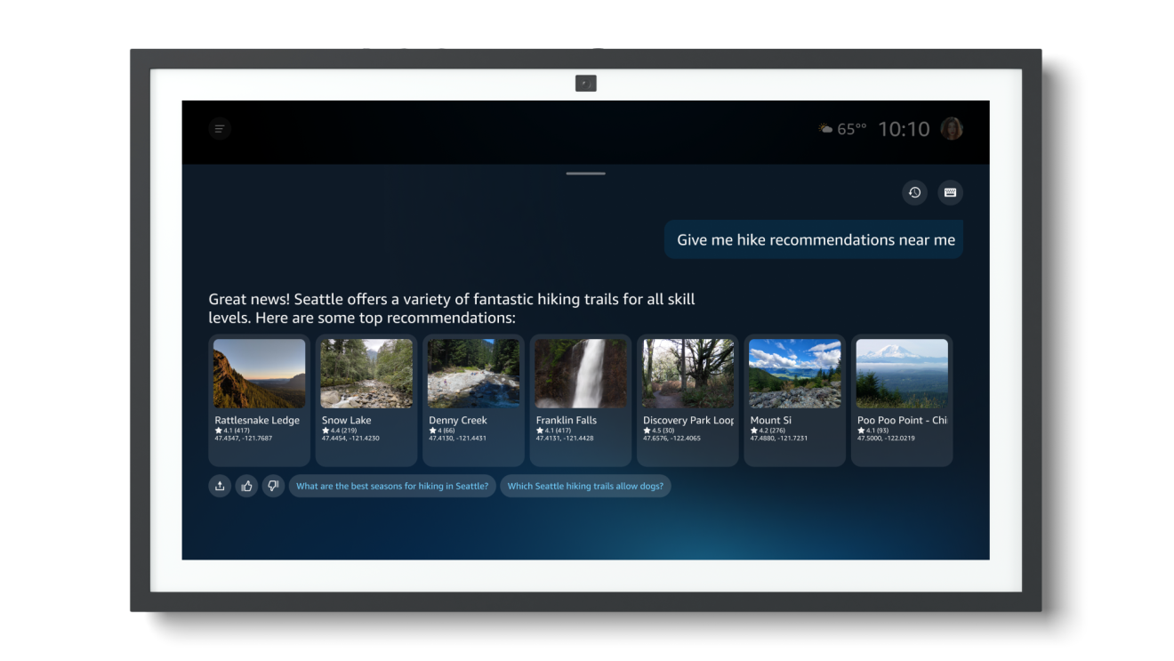 Alexa on Echo Show surfacing personalized, location-aware hike recommendations