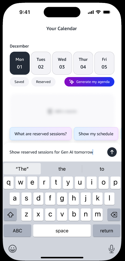 AWS Events app calendar with Generate my agenda AI action